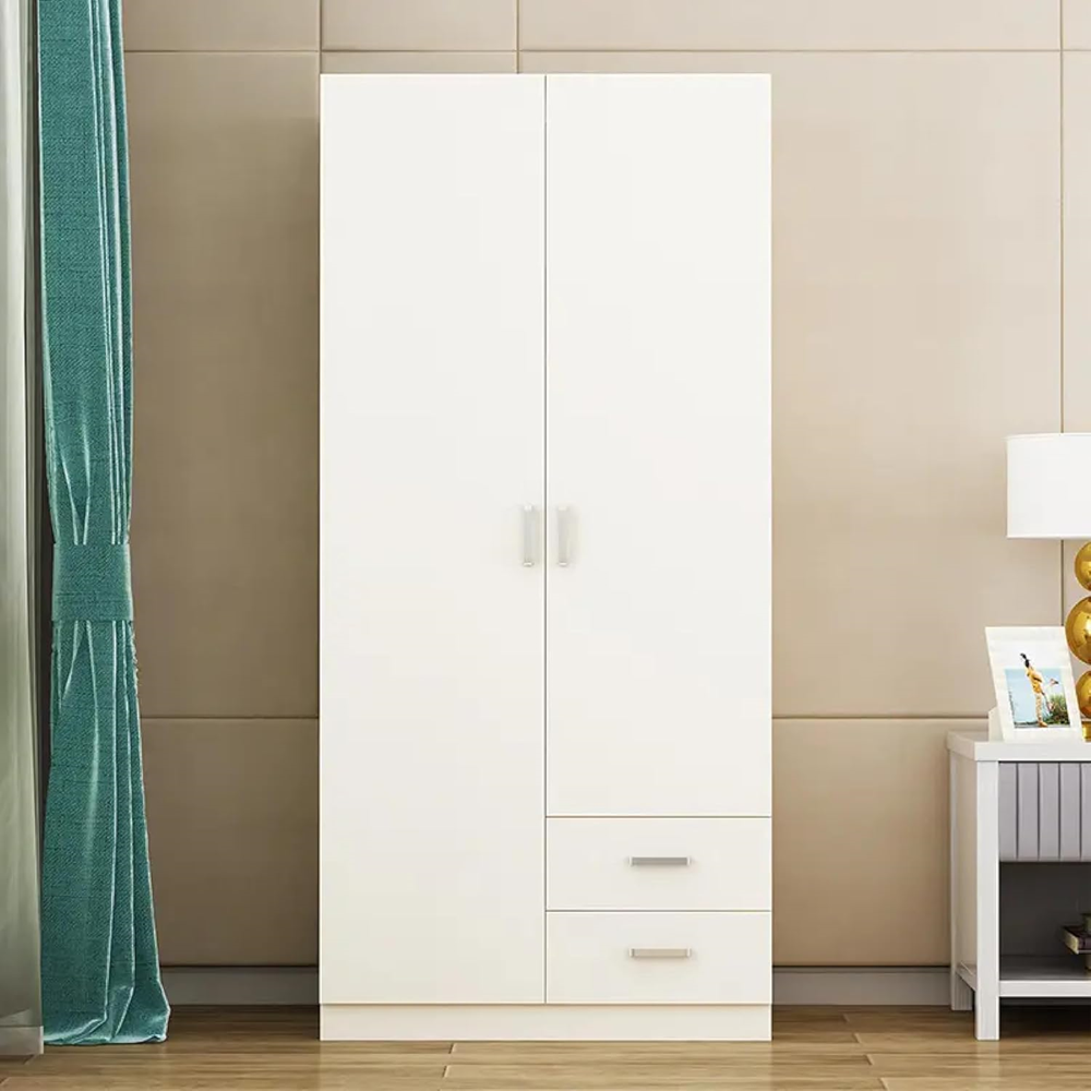 Modern White Wardrobe for Bedroom - Empire Furniture Heavy Duty Solid Wood Wardrobe 2-Door Closet with Secure Storage & Lockable 2 Drawers
